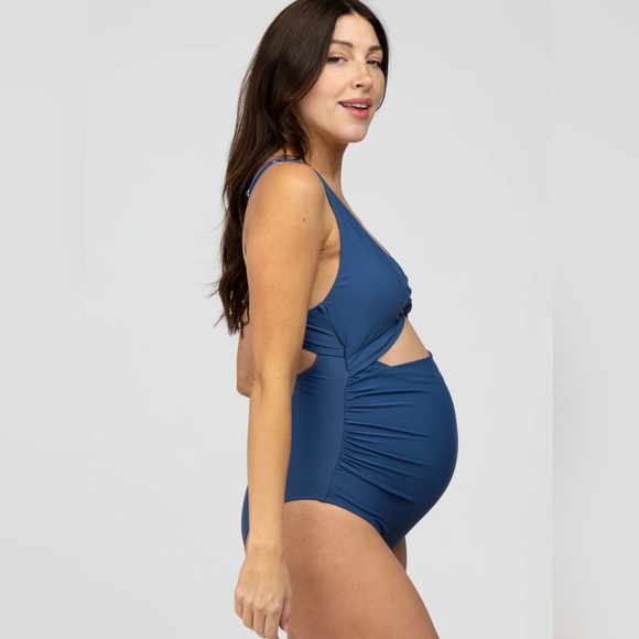 Navy Blue Ruched Sides Front Cutout Maternity One Piece Swimsuit XL Pinkblush - Picture 3 of 4